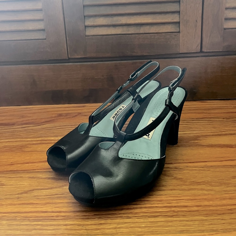 Womens Black Leather Sling Back Peep Toe Heels